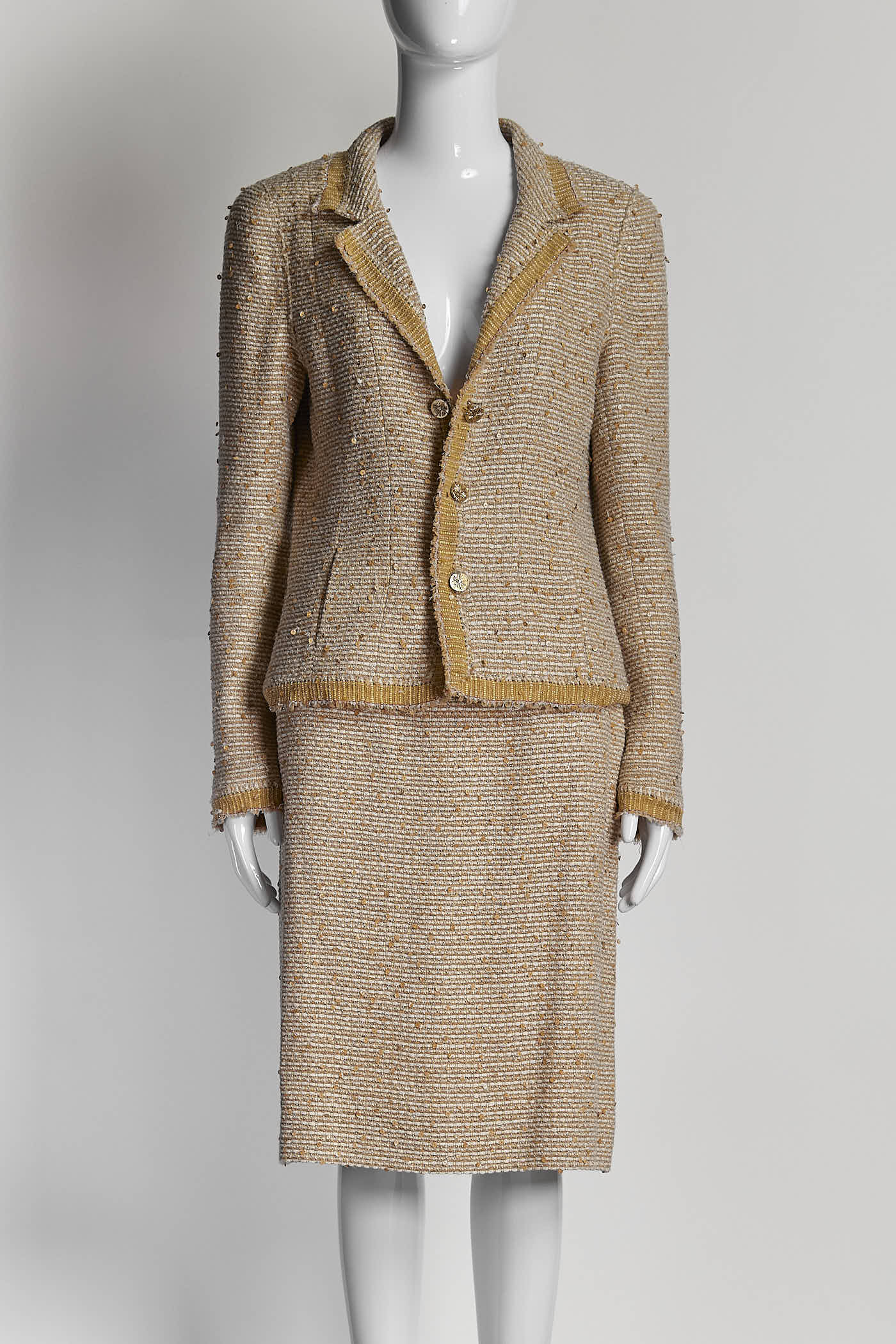 Chanel Beige Tweed Sequins Suit with Skirt 38
