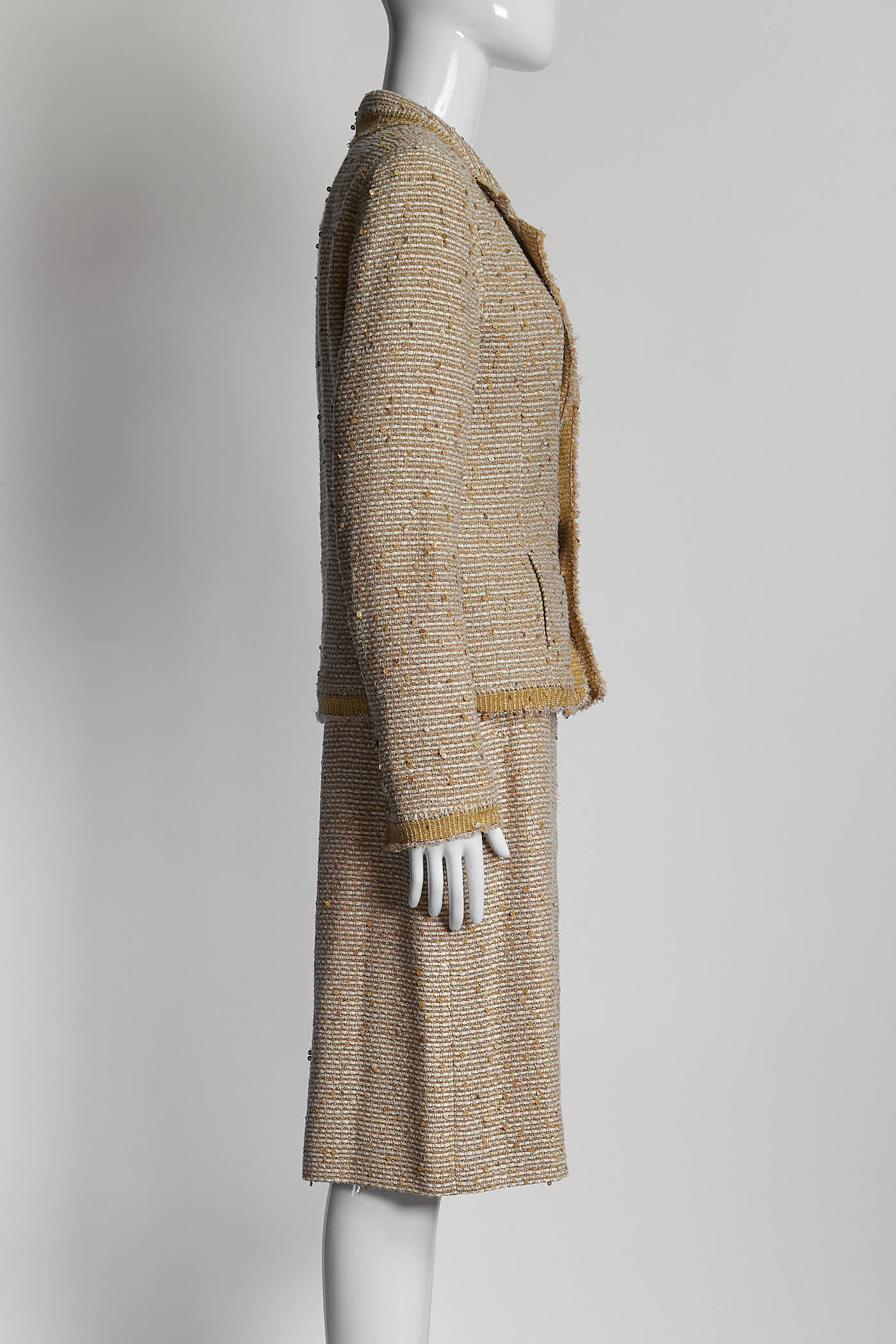 Chanel Beige Tweed Sequins Suit with Skirt 38