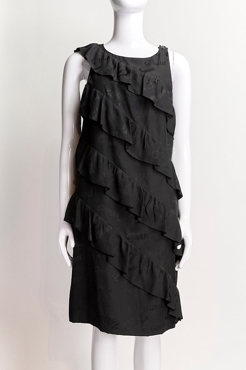 Chanel Black Logo Silk Shift Dress FR38