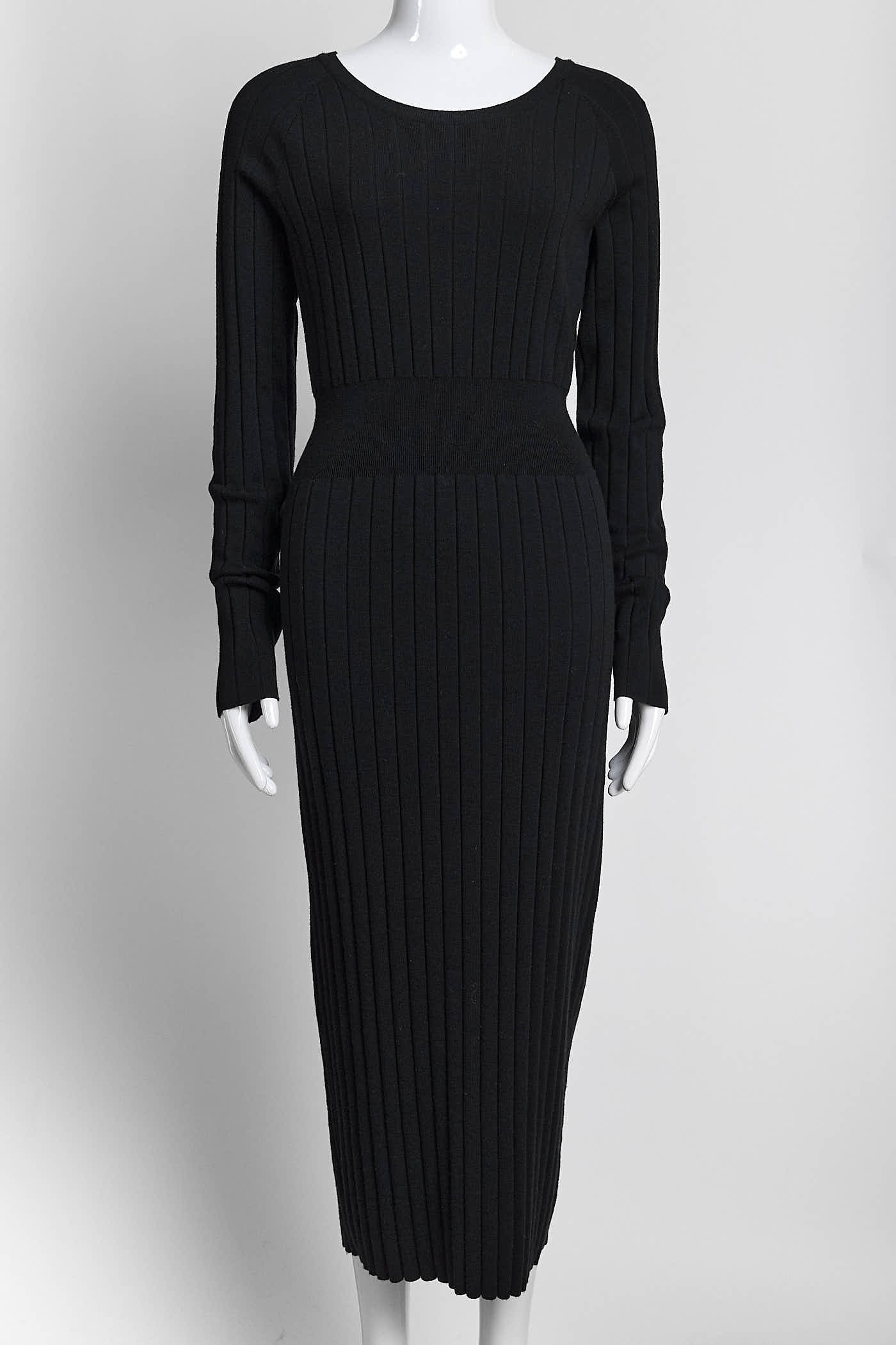 Chanel Black Ribbed Knit Dress with Buttons Detail 38