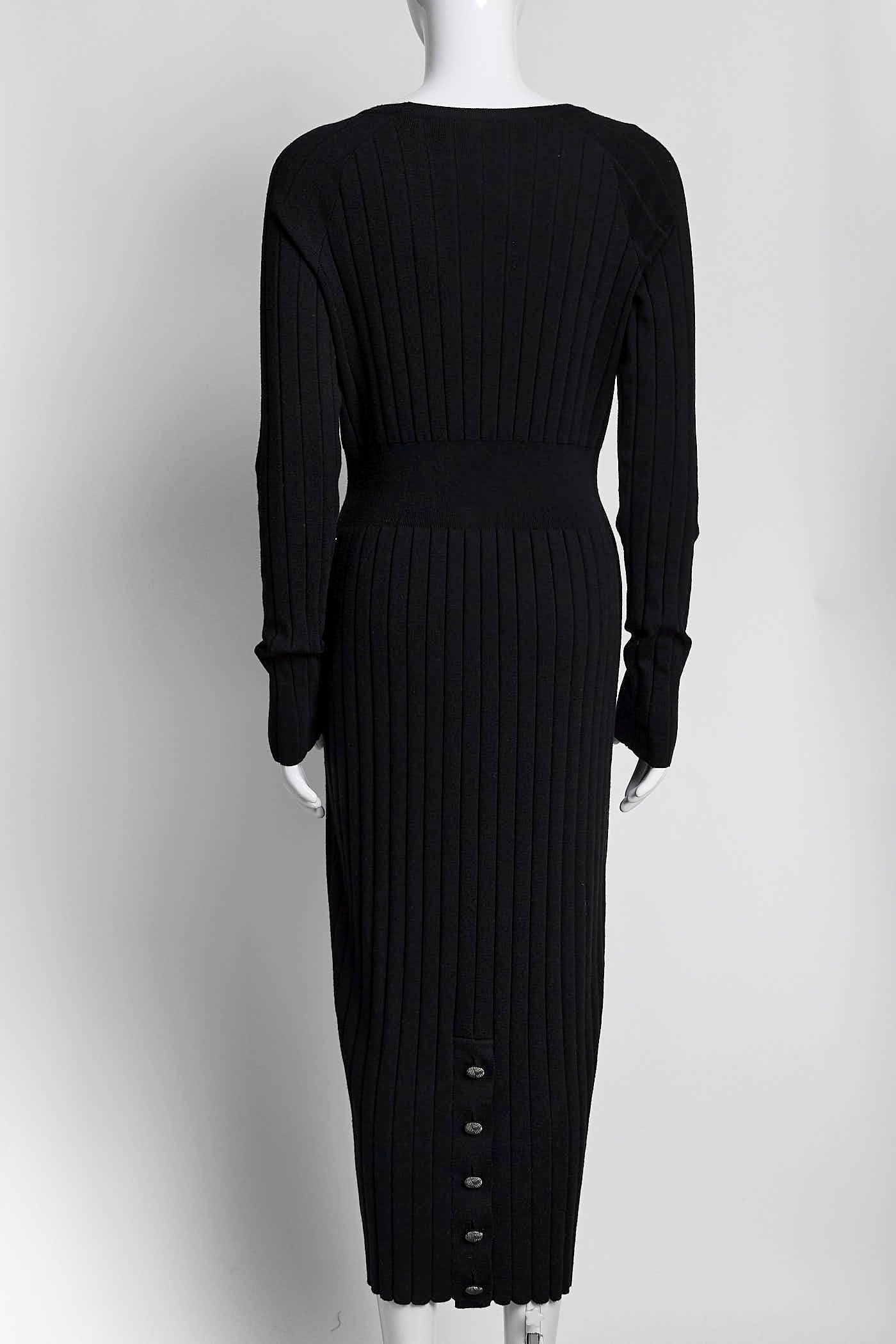 Chanel Black Ribbed Knit Dress with Buttons Detail 38