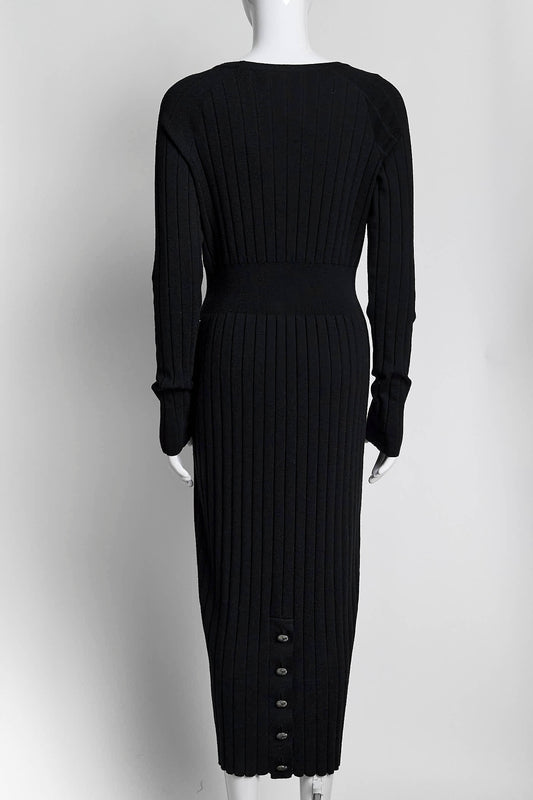 Chanel Black Ribbed Knit Dress with Buttons Detail 38