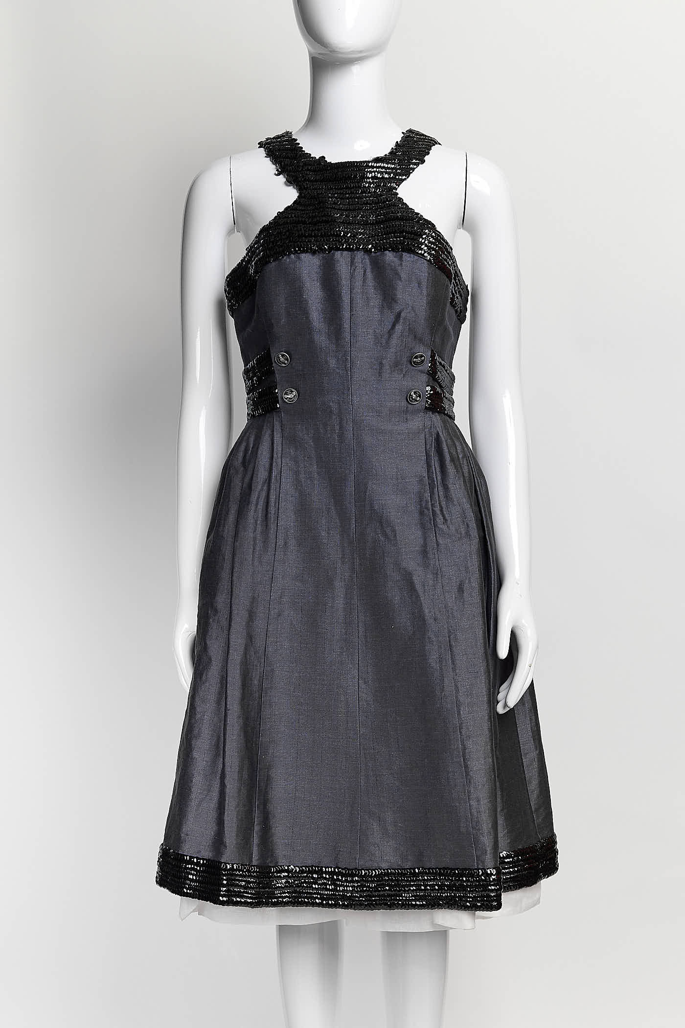 Chanel Black Sequin Blue Linen Dress 38