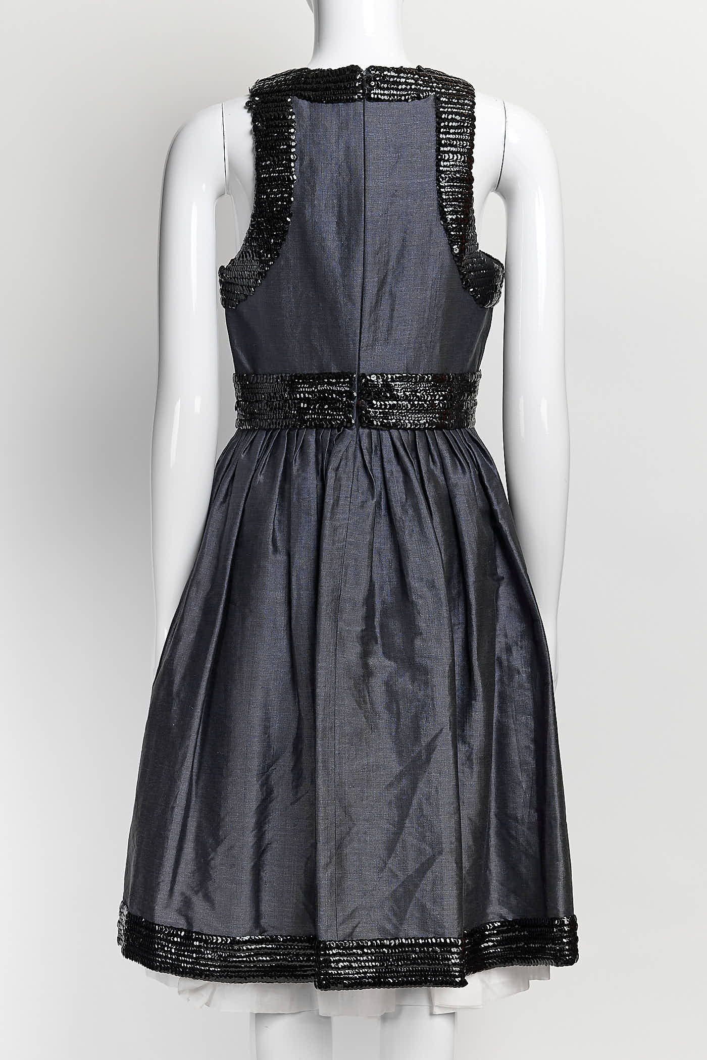 Chanel Black Sequin Blue Linen Dress 38
