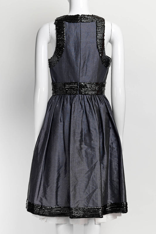 Chanel Black Sequin Blue Linen Dress 38