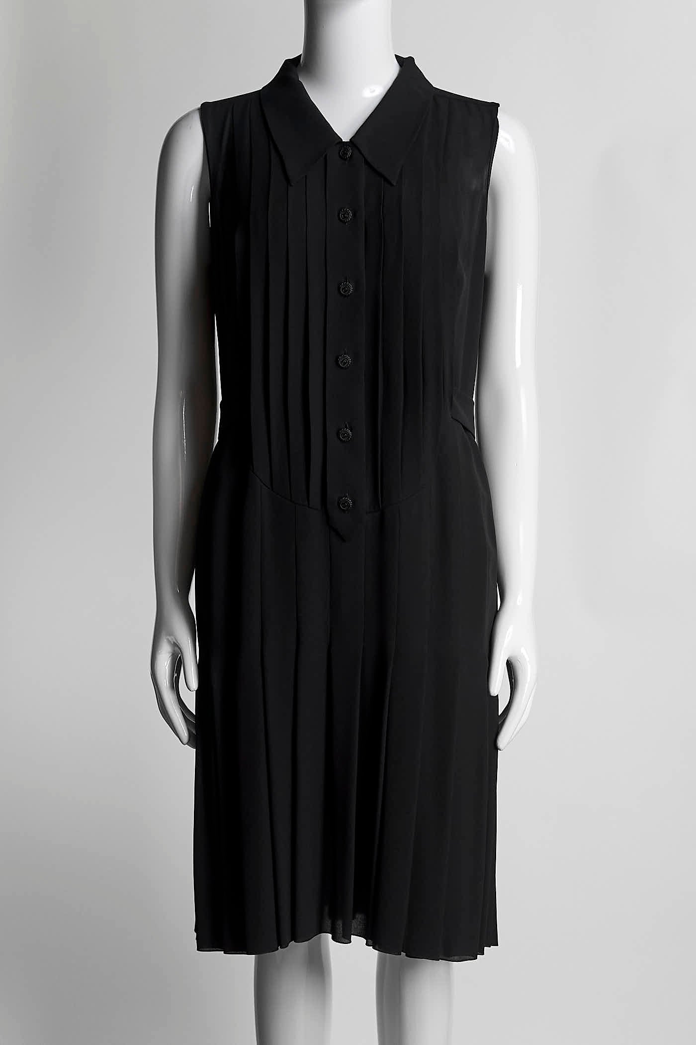 Chanel Black Sleeveless Dress with Pleated Detail on Neckline 38