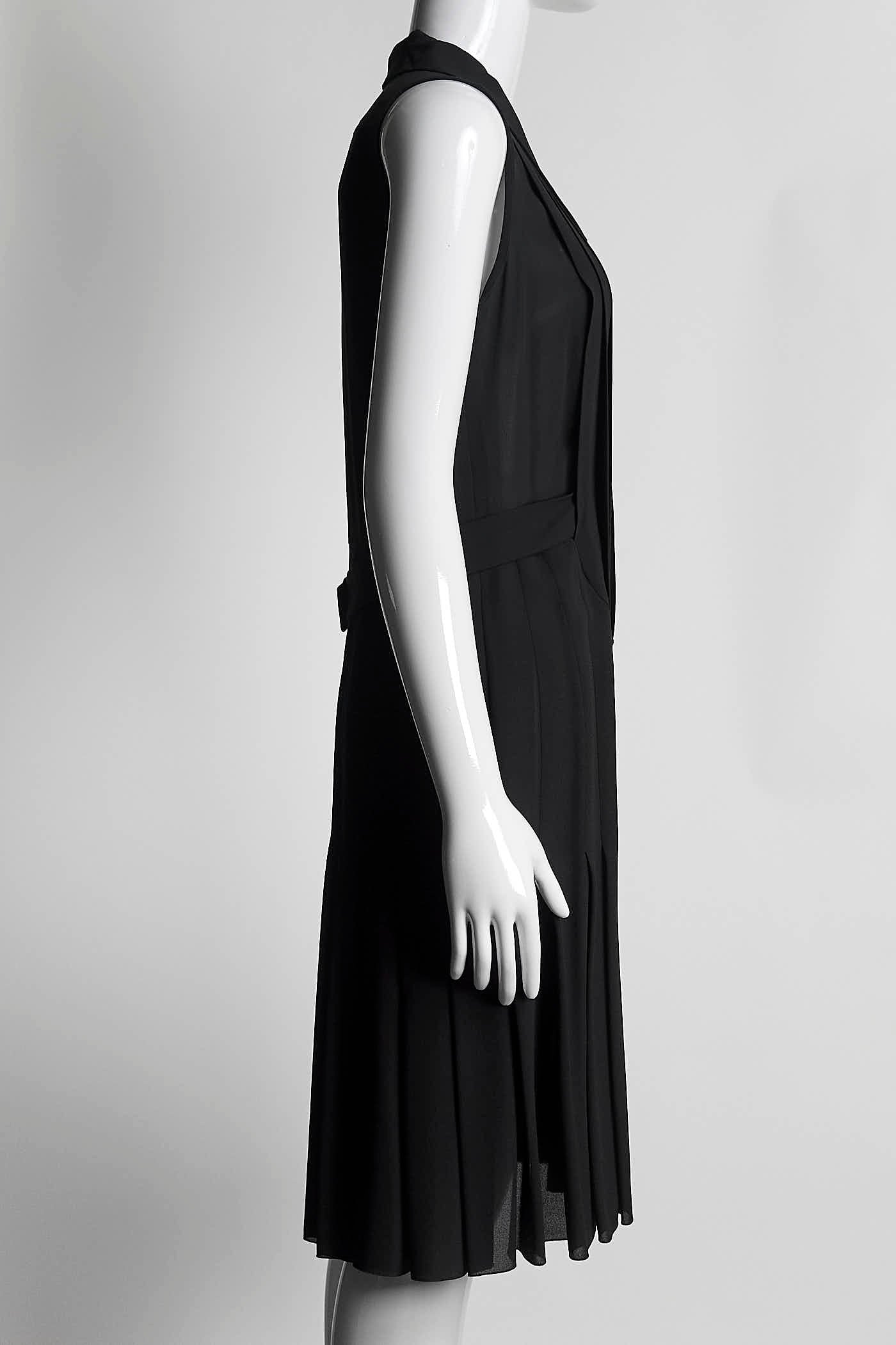 Chanel Black Sleeveless Dress with Pleated Detail on Neckline 38