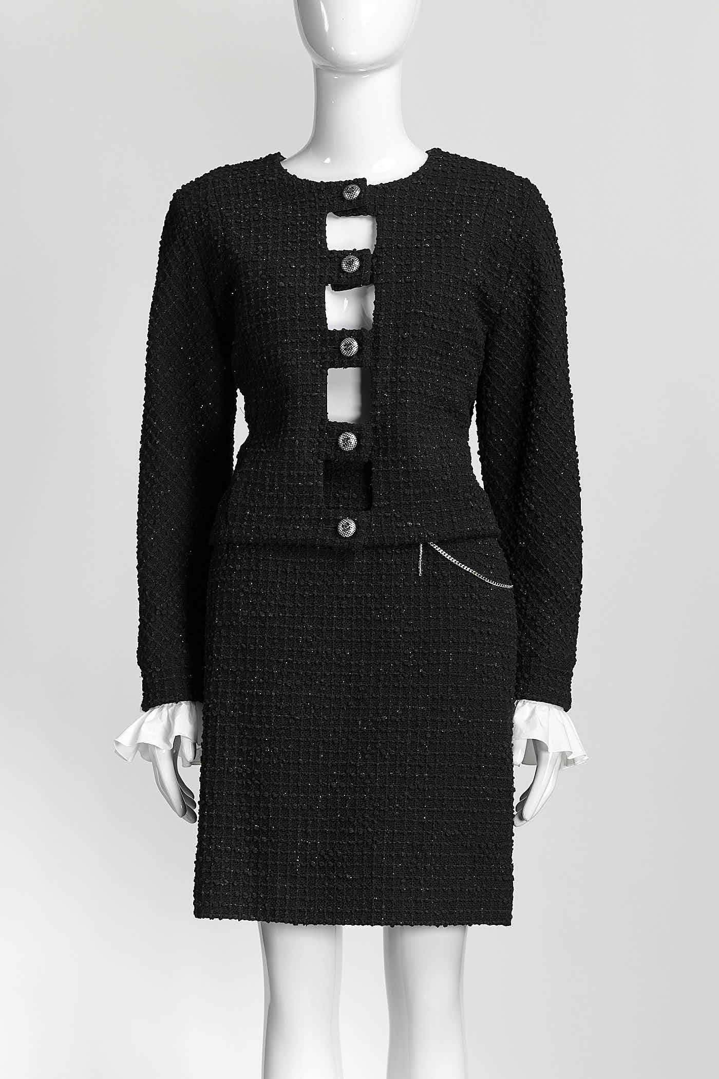 Chanel Black Tweed Jacket with Detailed On Sleeve/Skirt Set 38