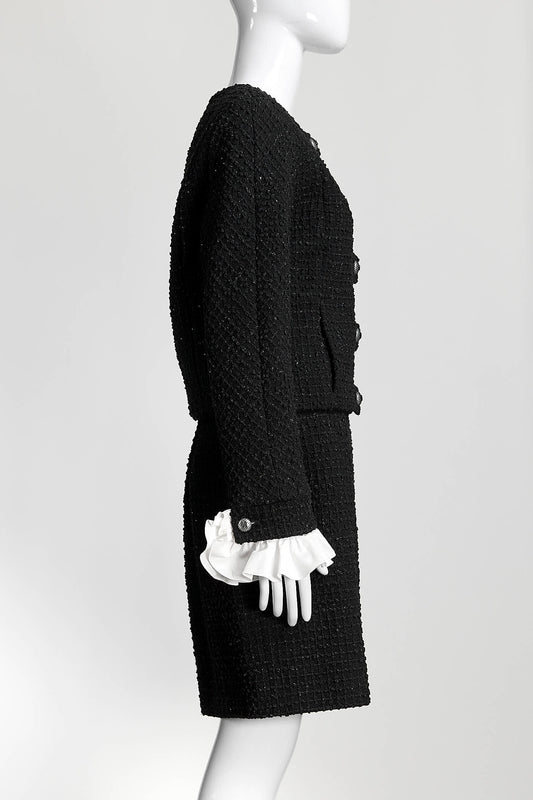 Chanel Black Tweed Jacket with Detailed On Sleeve/Skirt Set 38