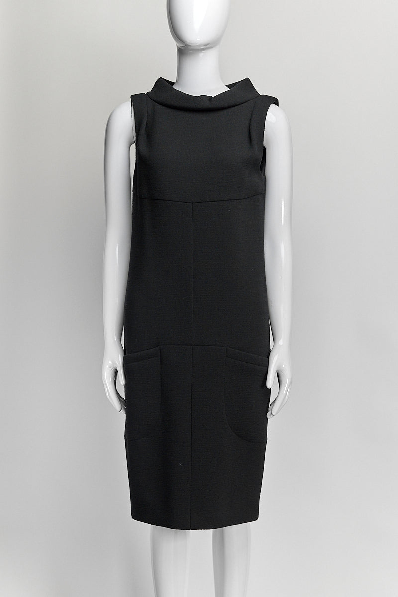 Chanel Black Wool Sleeveless Dress with Crystal Button on Back FR36