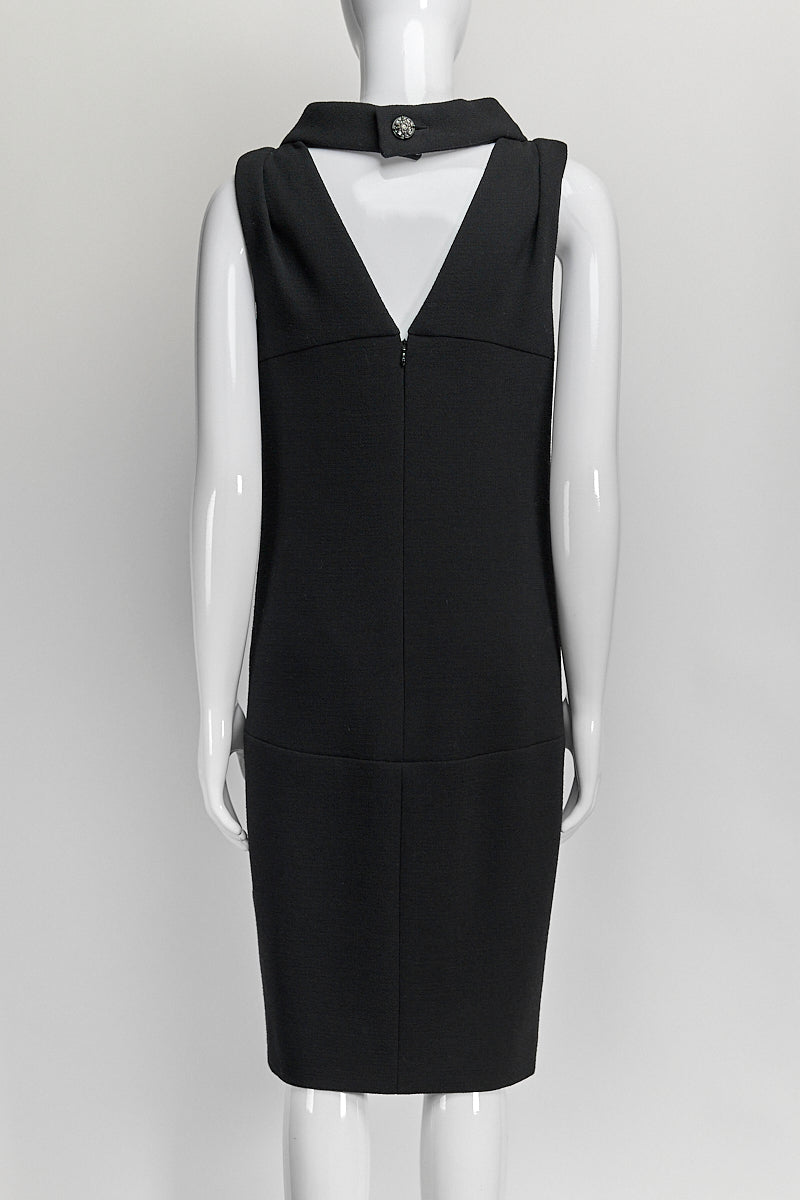 Chanel Black Wool Sleeveless Dress with Crystal Button on Back FR36