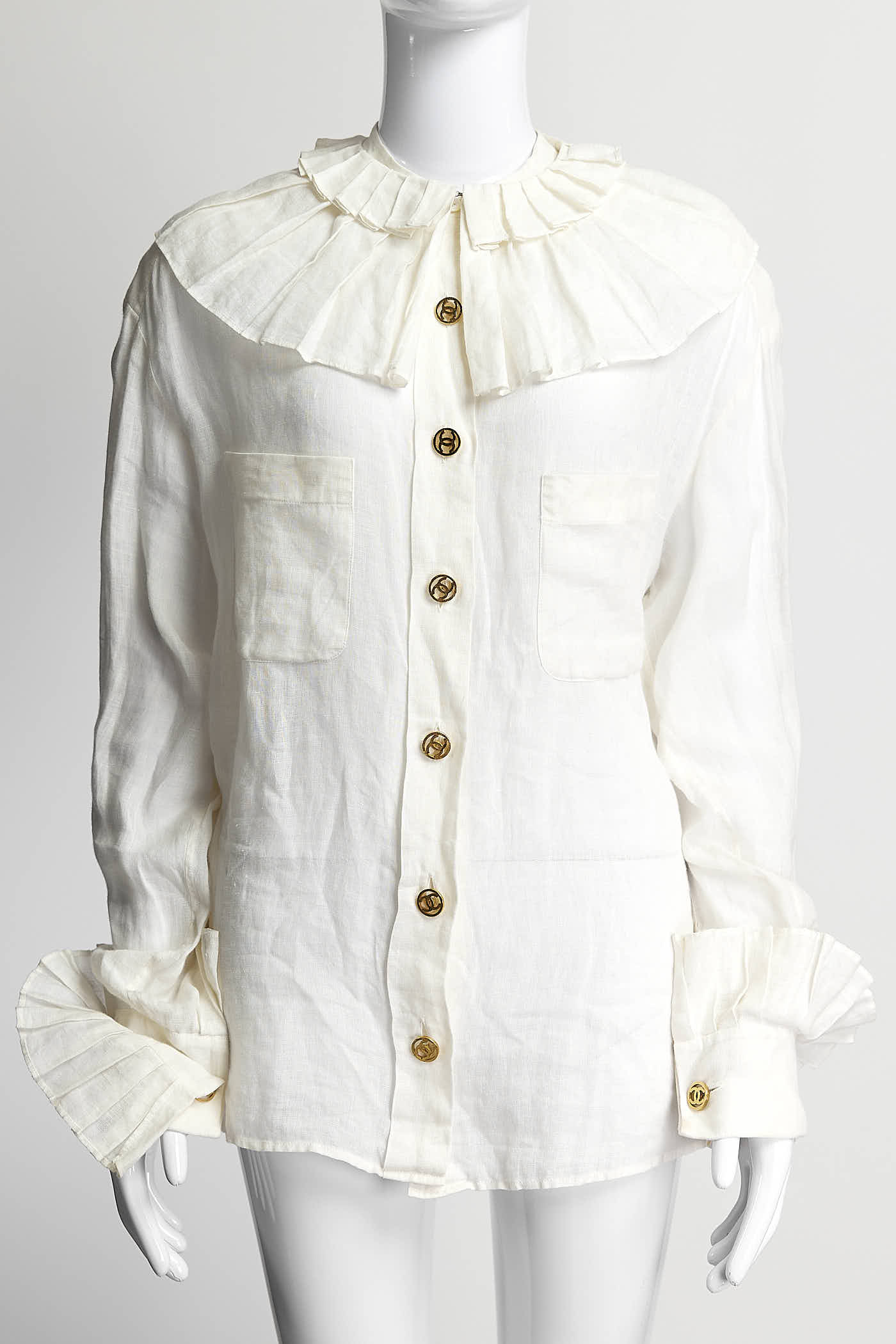 Chanel Cream Ruffled Blouse with Gold Logo Buttons M