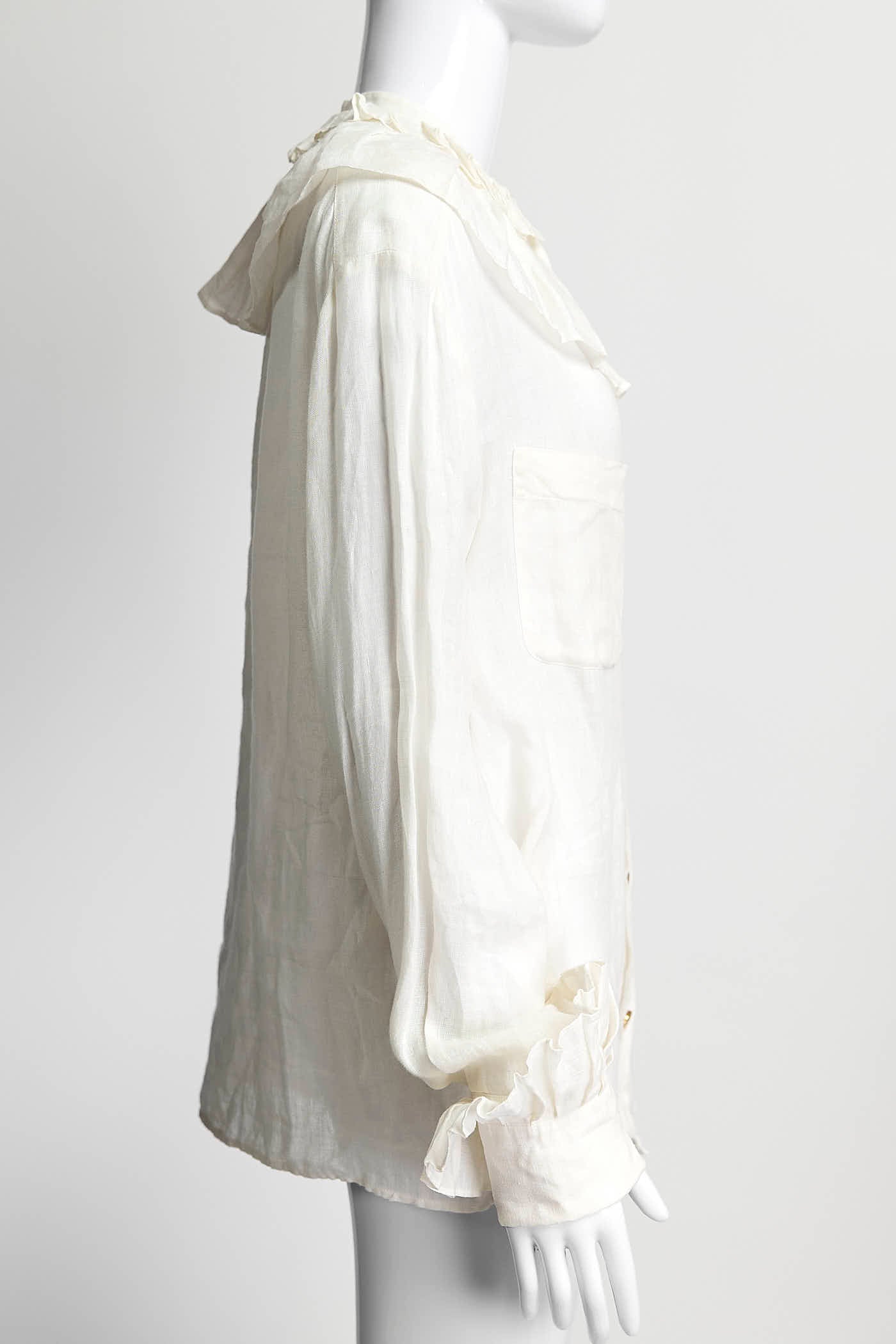 Chanel Cream Ruffled Blouse with Gold Logo Buttons M