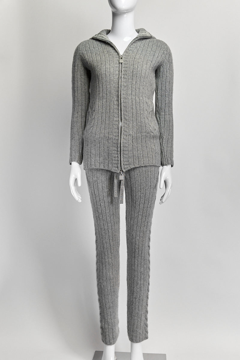 Chanel Grey Cashmere Sweater Zipup/ Pants FR36