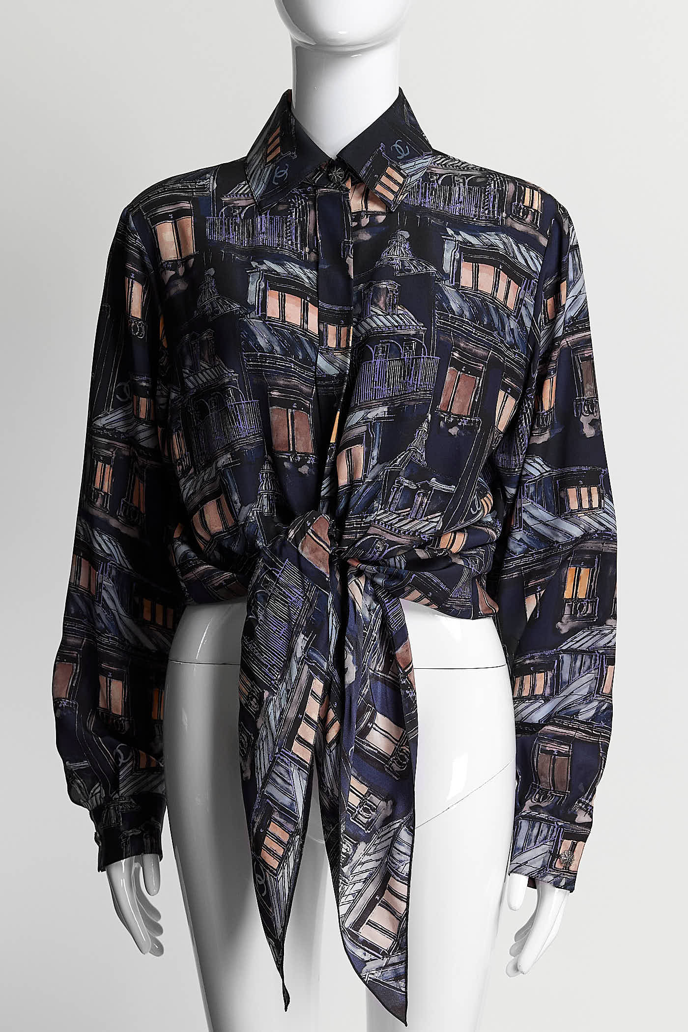 Chanel Multicolor Building Printed Silk Blouse 38