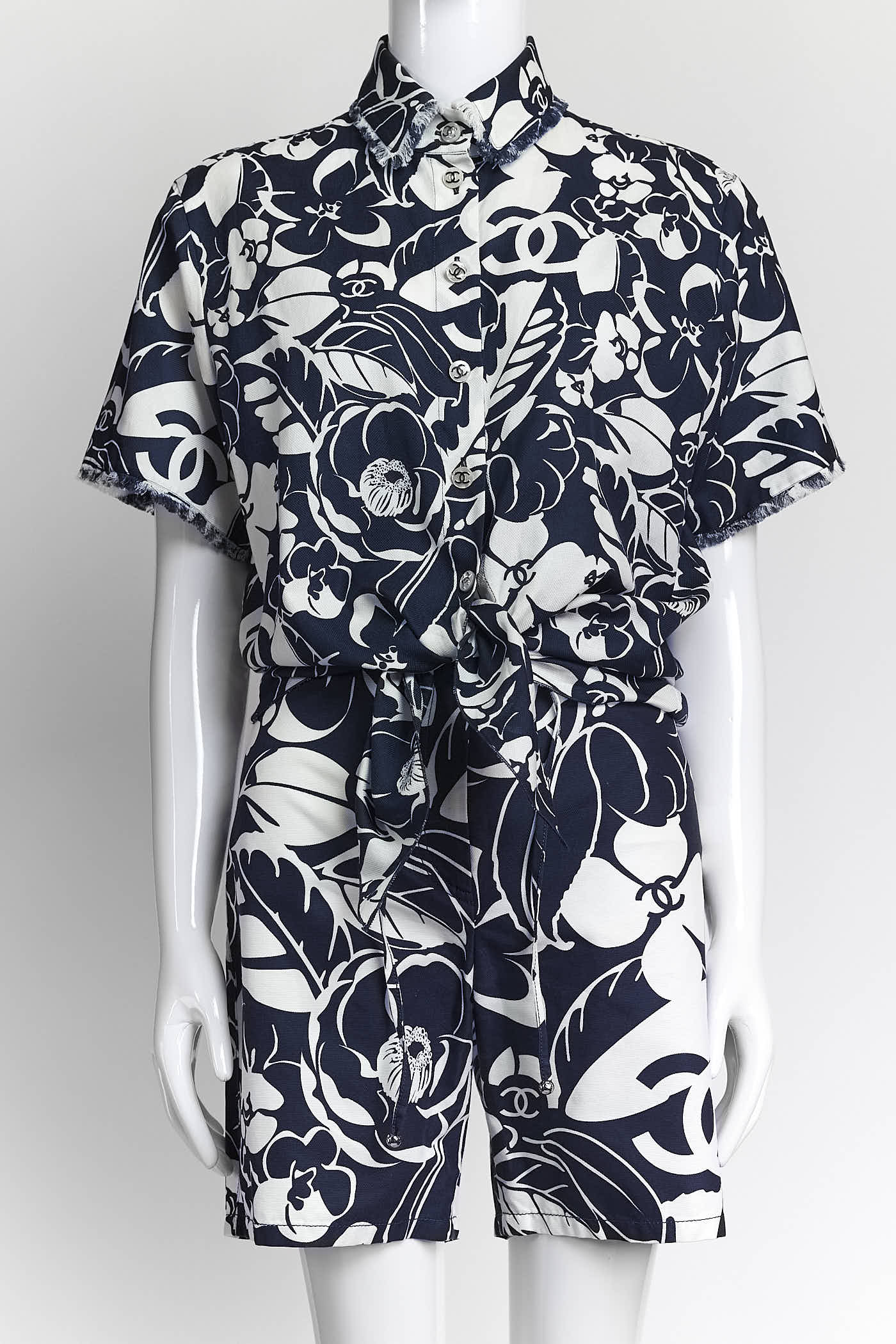 Chanel Navy/White Camellia Pattern Shirt/Short Set 34