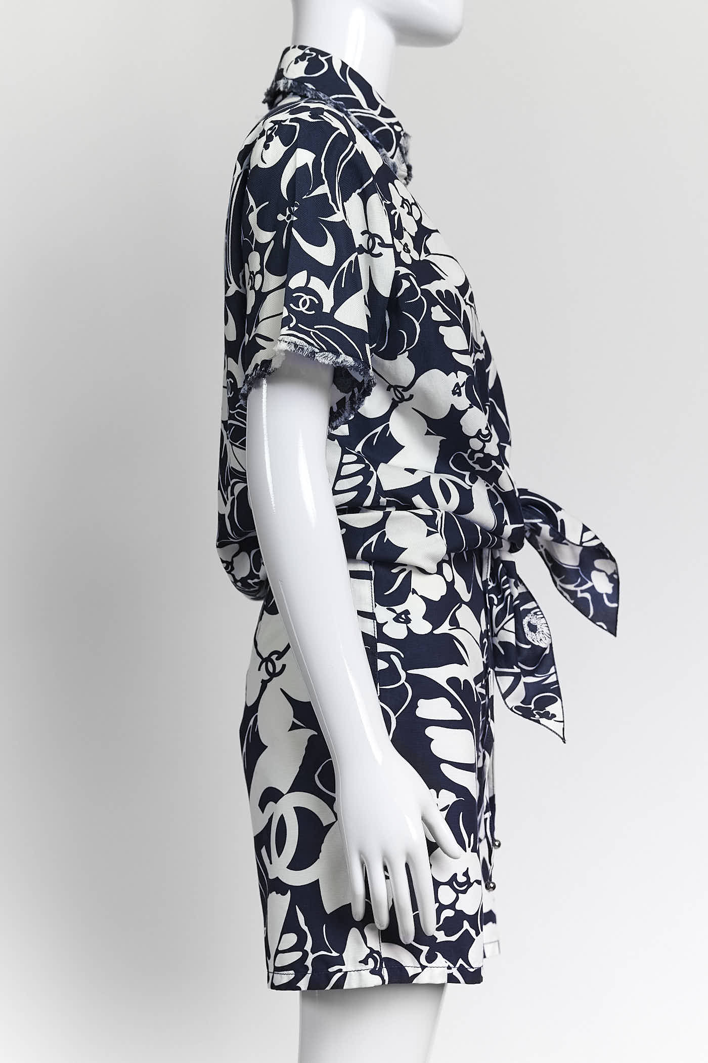 Chanel Navy/White Camellia Pattern Shirt/Short Set 34