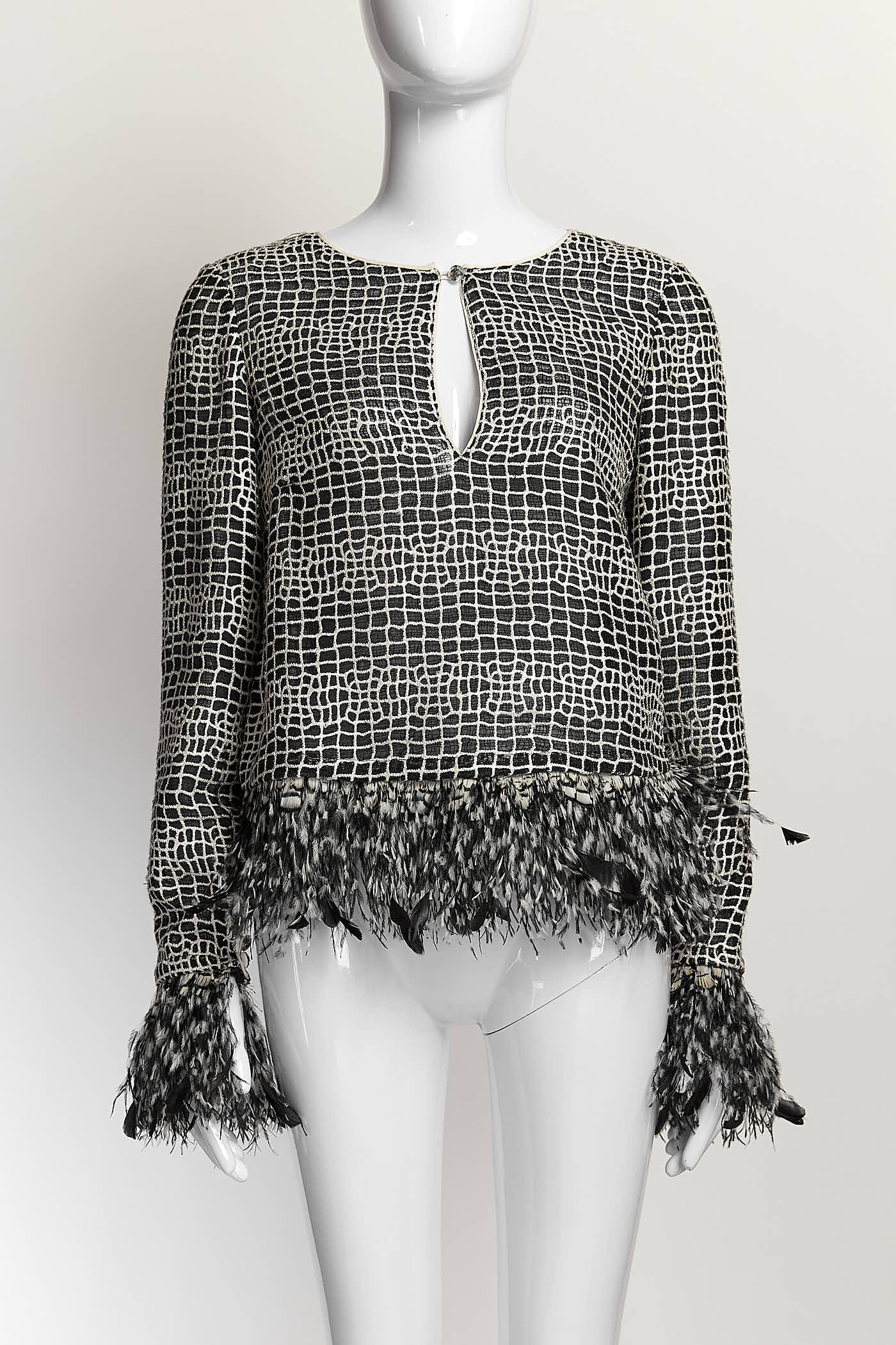 Chanel Silk Black/White Blouse with Feather 38