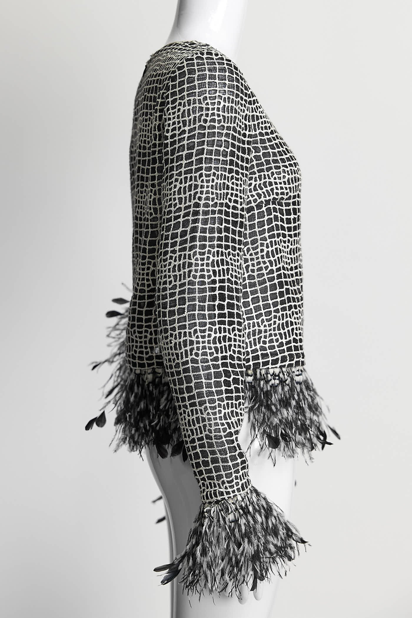 Chanel Silk Black/White Blouse with Feather 38
