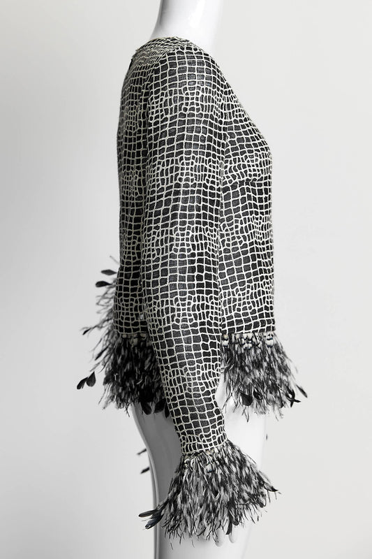 Chanel Silk Black/White Blouse with Feather 38