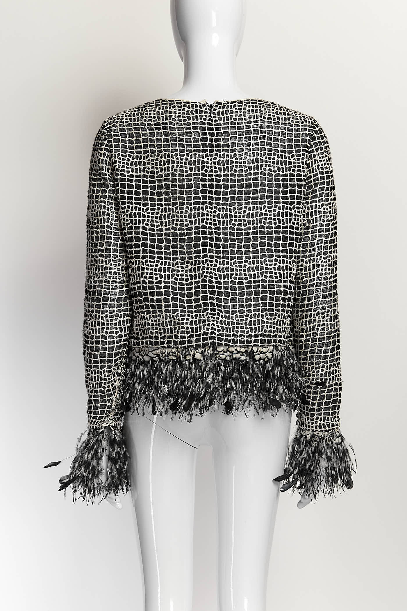 Chanel Silk Black/White Blouse with Feather 38