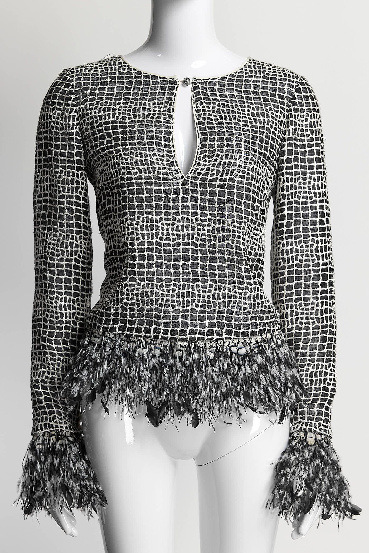 Chanel Silk Black/White Blouse with Feather 38