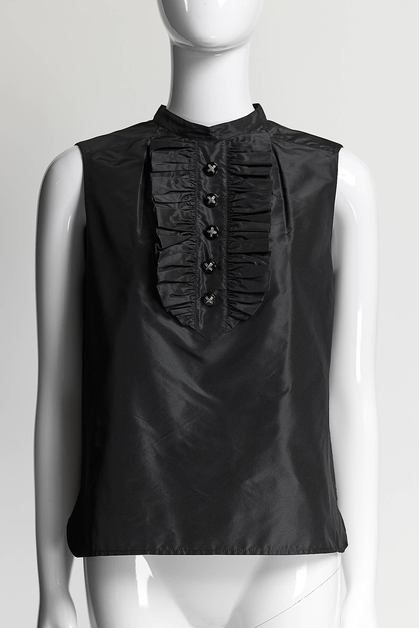 Chanel Vintage Black Silk Sleeveless Blouse with Buttons Detail 38