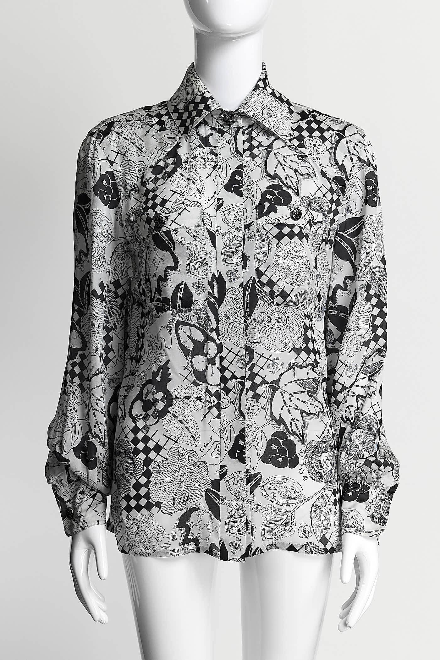 Chanel Vintage Black/White Silk Floral Blouse 36