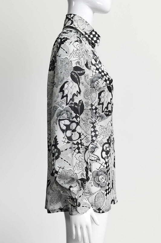 Chanel Vintage Black/White Silk Floral Blouse 36