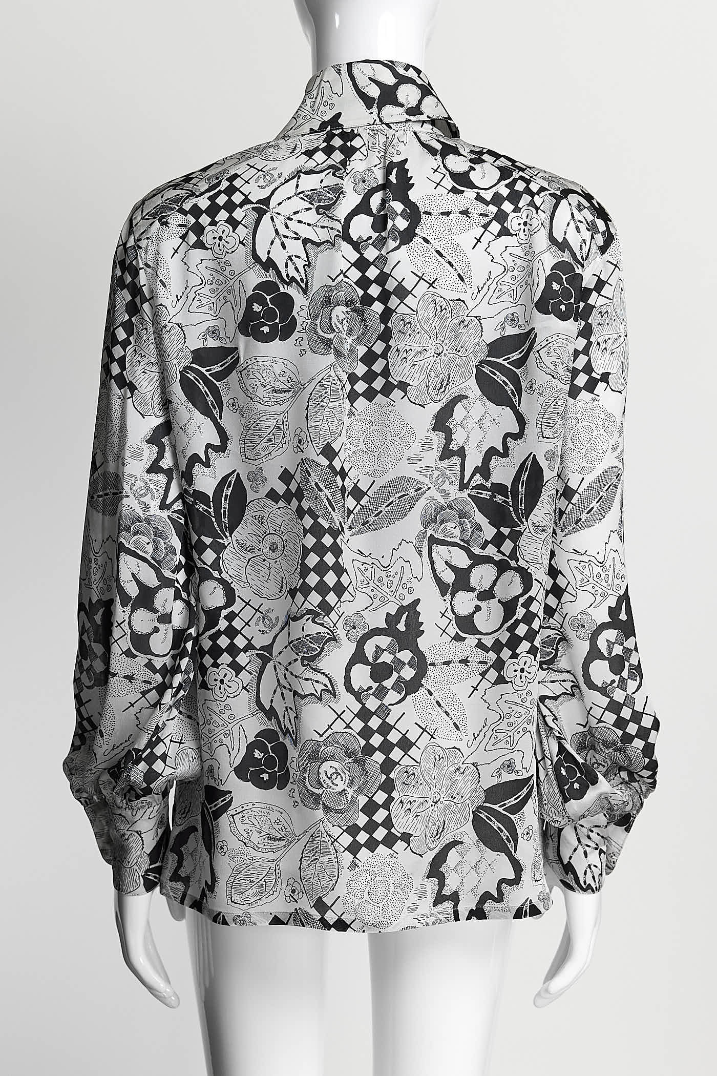 Chanel Vintage Black/White Silk Floral Blouse 36