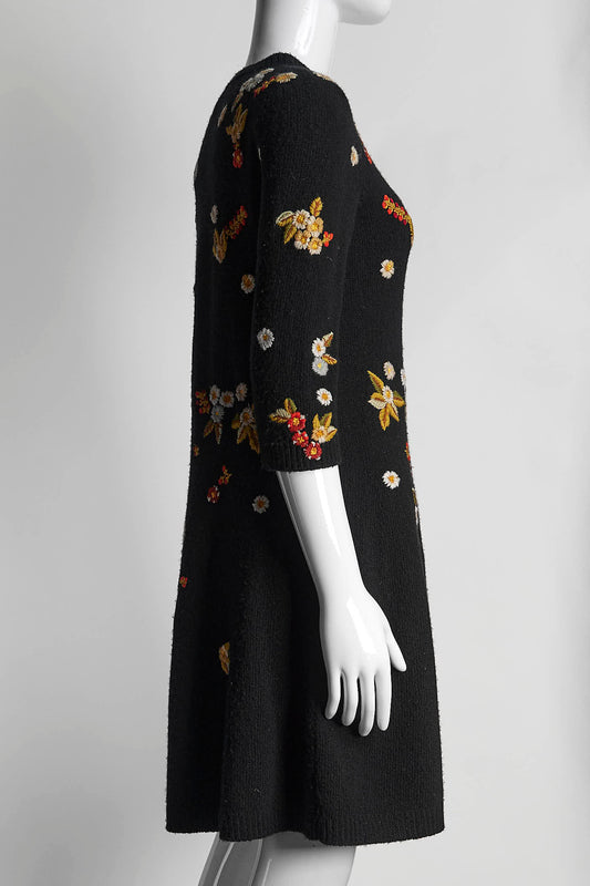 Christian Dior Black Wool Knit Floral Embroidered Dress 38