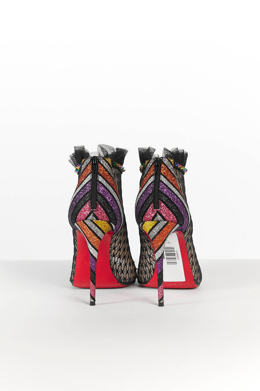 Christian Louboutin Black Lace Open Toe Booties w/Rainbow Studs Heels 37.5