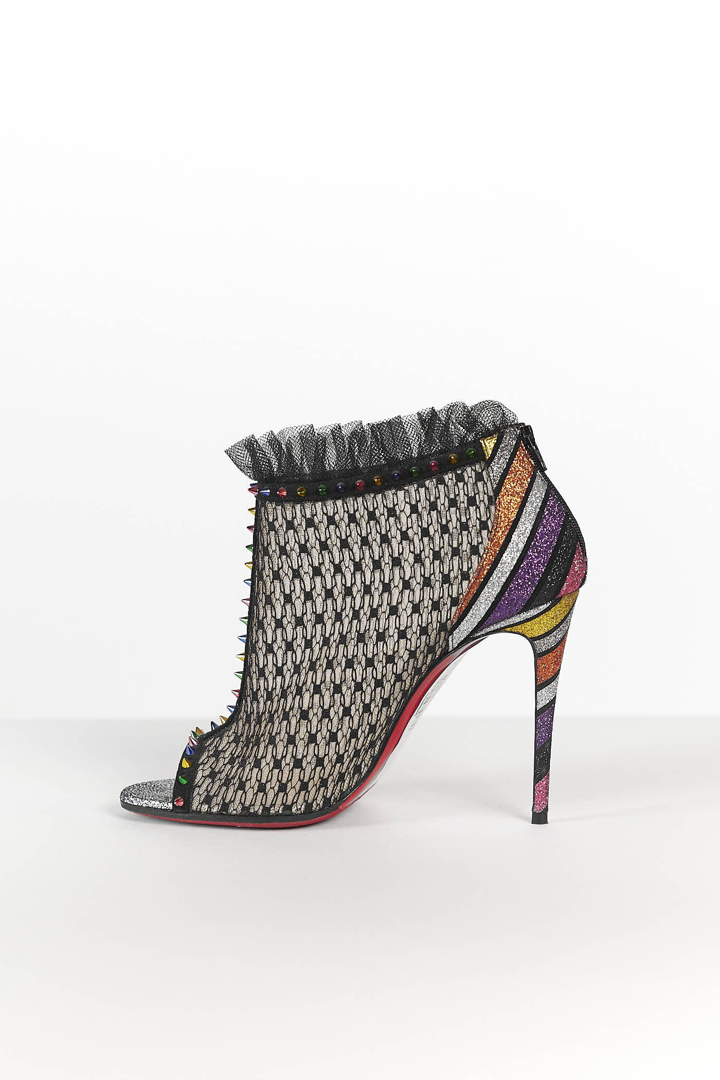 Christian Louboutin Black Lace Open Toe Booties w/Rainbow Studs Heels 37.5