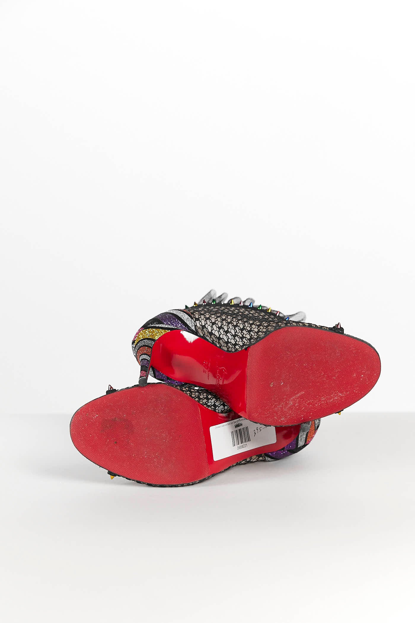 Christian Louboutin Black Lace Open Toe Booties w/Rainbow Studs Heels 37.5