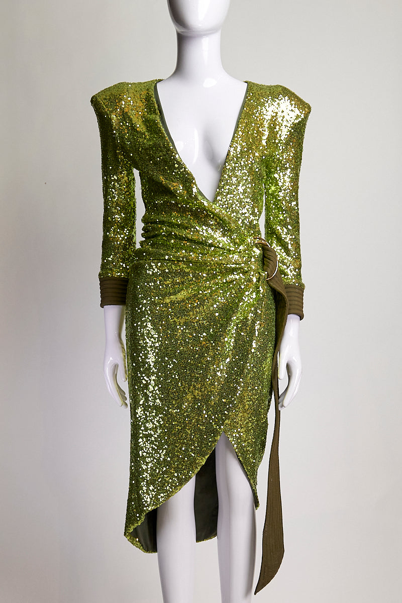 Zhivago Green Sequin Wrap Dress with Shoulder Pads US4