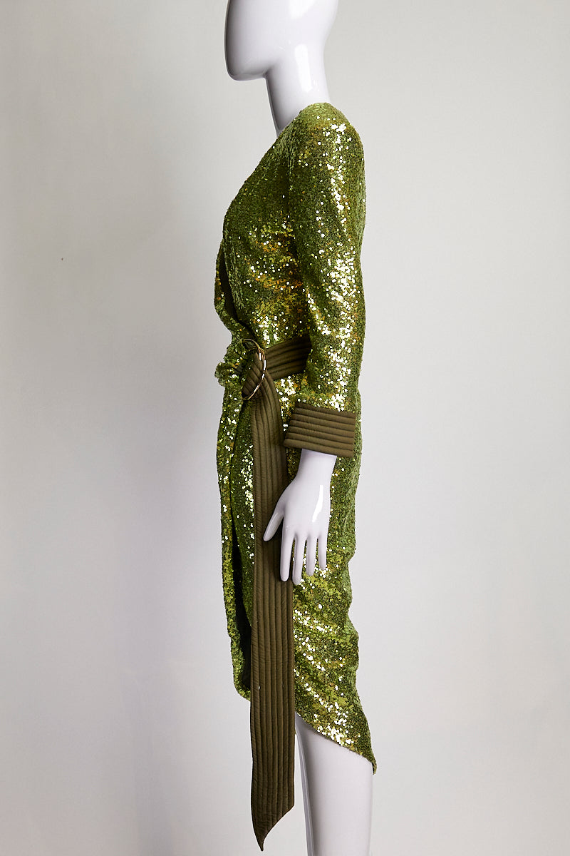 Zhivago Green Sequin Wrap Dress with Shoulder Pads US4