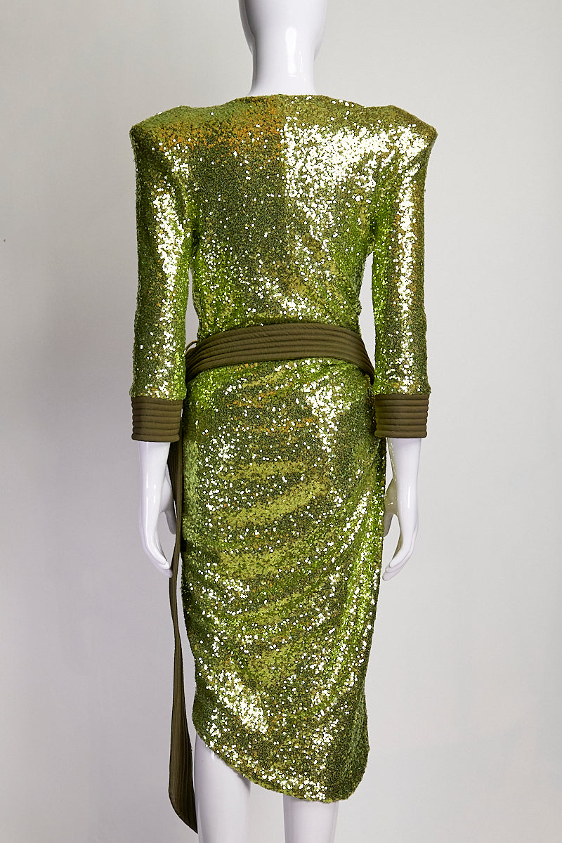 Zhivago Green Sequin Wrap Dress with Shoulder Pads US4