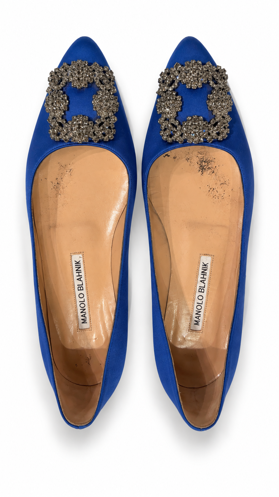 MANOLO BLAHNIK HANGISIFLAT BLUE SATIN WITH JEWEL BUCKLE - 37.5
