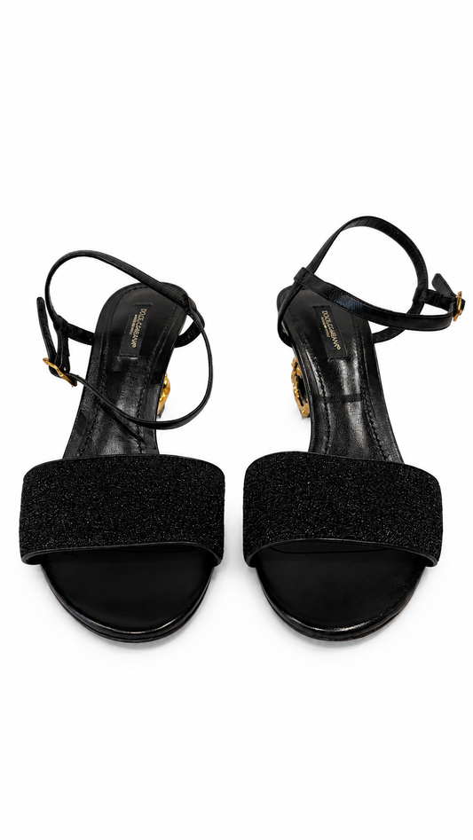 DOLCE AND GABBANA KEIRA BAROQUE DG LEATHER SANDALS - SIZE 38.5