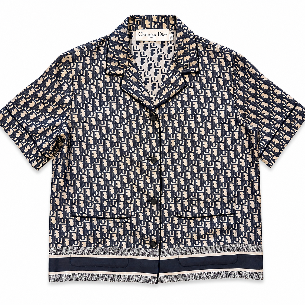 DIOR CHEZ MOI BLUE OBLIQUE SILK SHORT SLEEVED SHIRT - SIZE 4