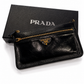 prada black leather top zip clutch with strap