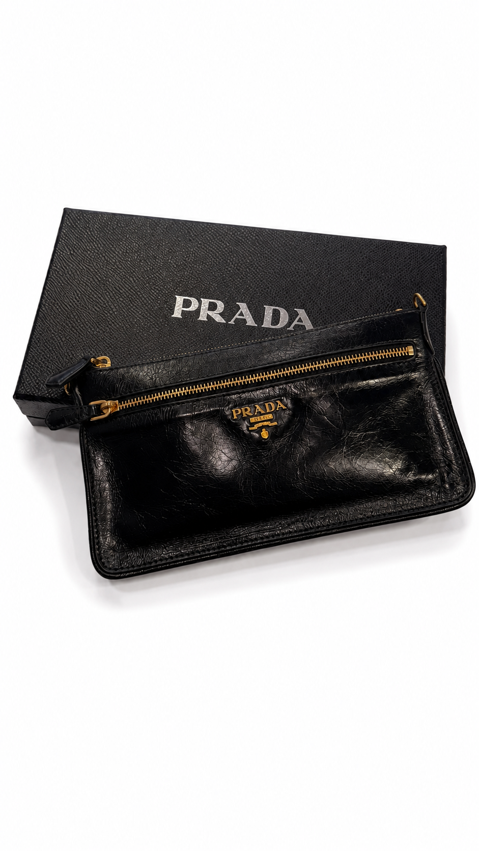 prada black leather top zip clutch with strap