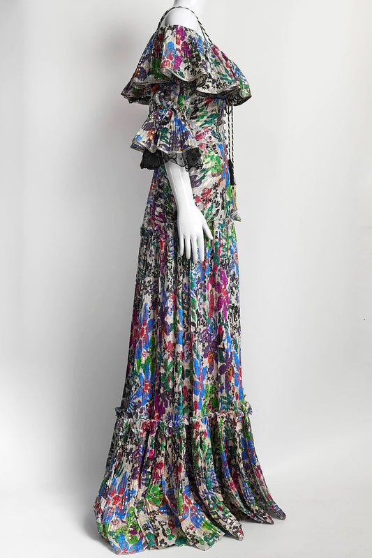 DUNDAS Tiered Cold-Shoulder Printed Silk-Blend Maxi Dress 38