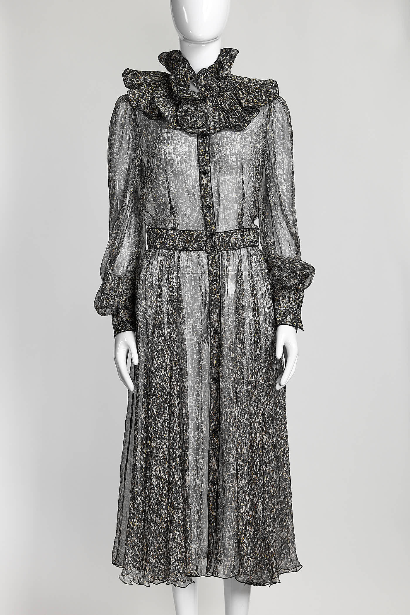 D&G Dolce & Gabbana Sequin Printed Silk Chiffon Long Sleeve Midi Dress 40