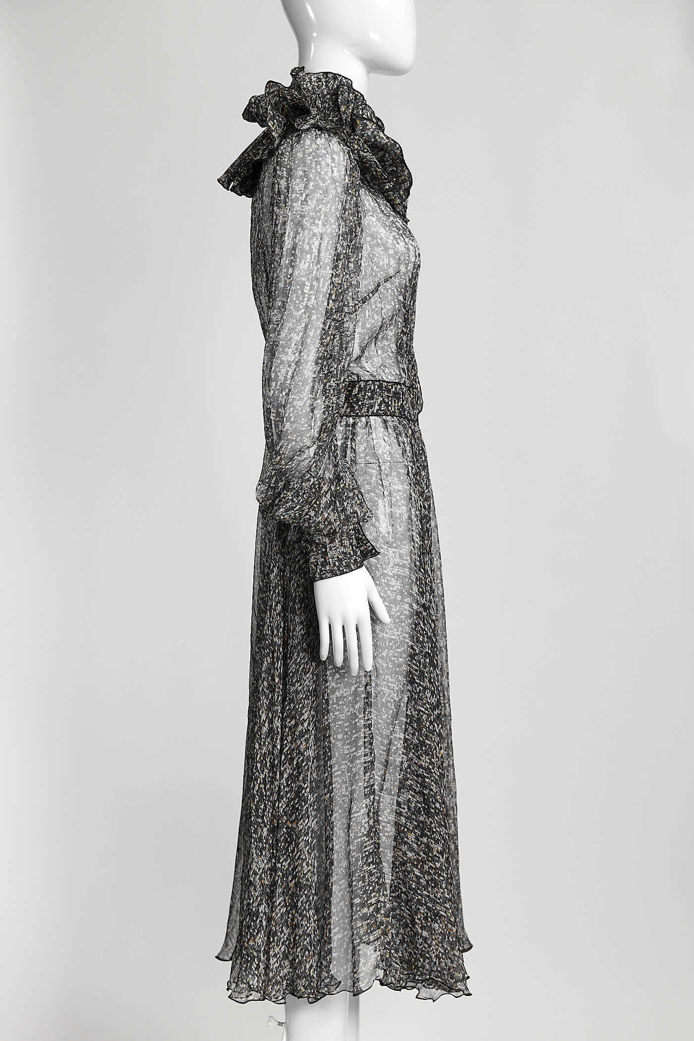 D&G Dolce & Gabbana Sequin Printed Silk Chiffon Long Sleeve Midi Dress 40