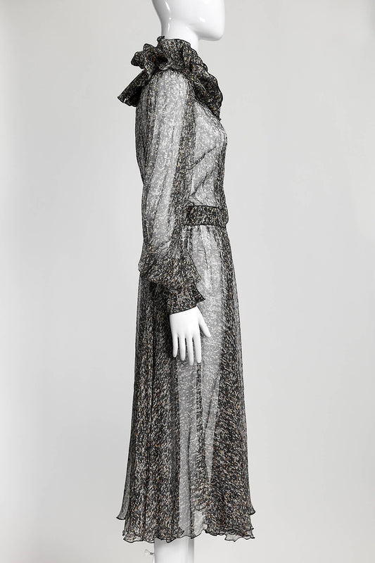 D&G Dolce & Gabbana Sequin Printed Silk Chiffon Long Sleeve Midi Dress 40