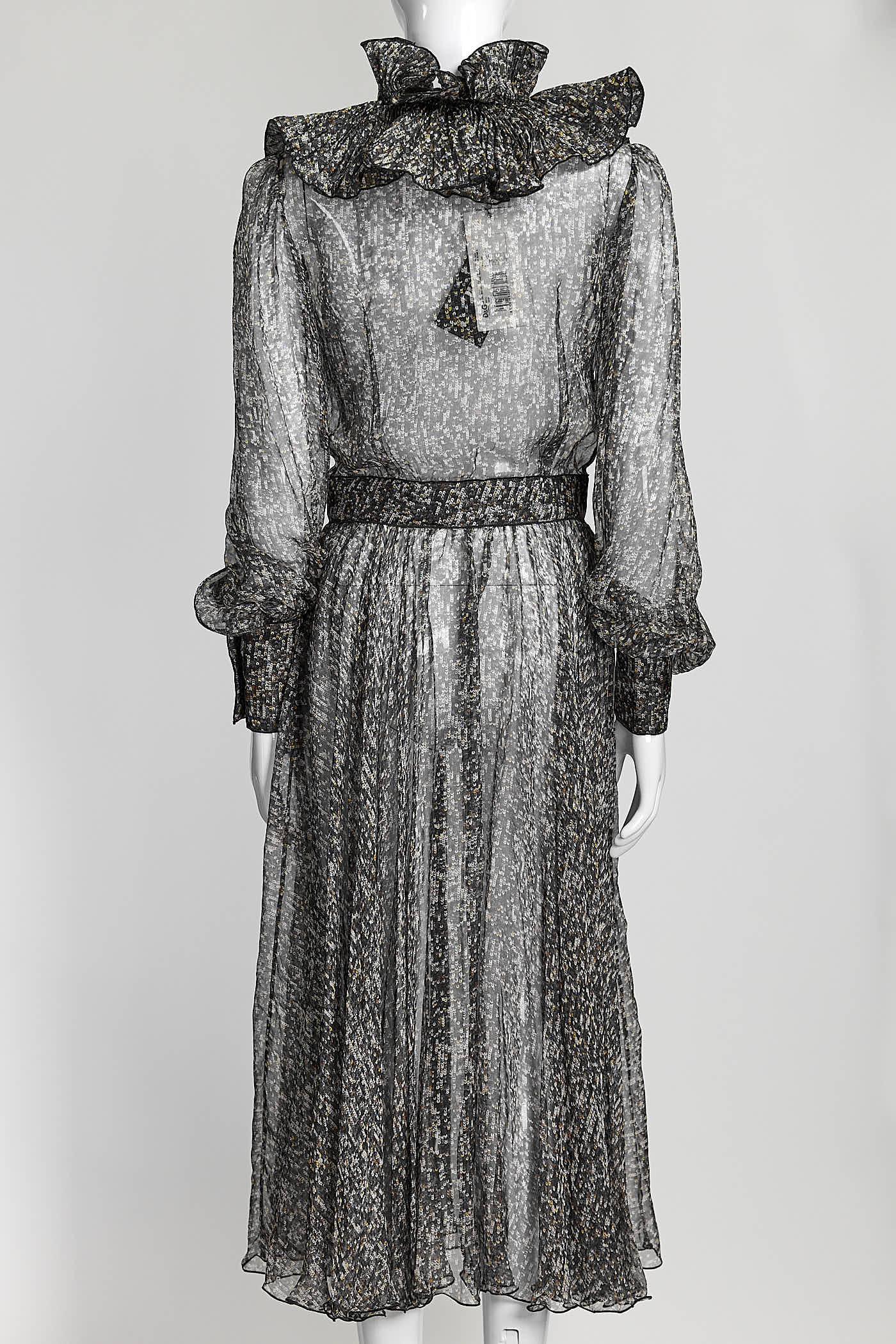 D&G Dolce & Gabbana Sequin Printed Silk Chiffon Long Sleeve Midi Dress 40