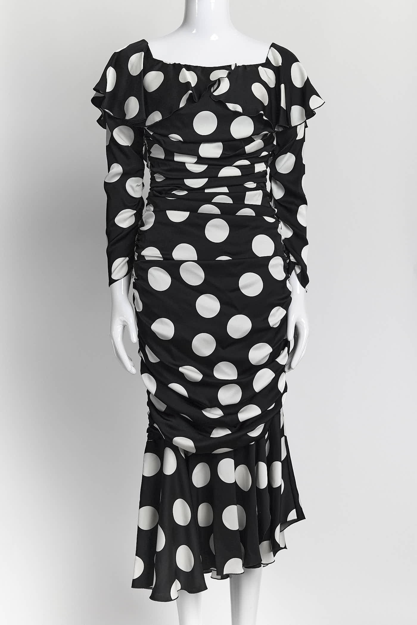 Dolce & Gabbana Black/White Polka Dots Ruched Dress 42