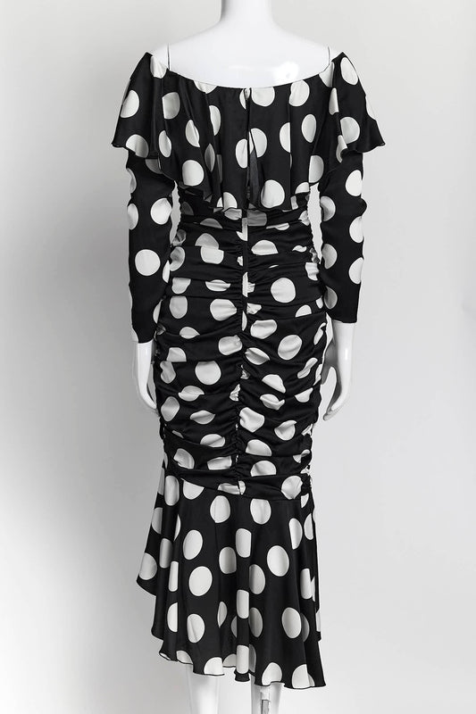 Dolce & Gabbana Black/White Polka Dots Ruched Dress 42