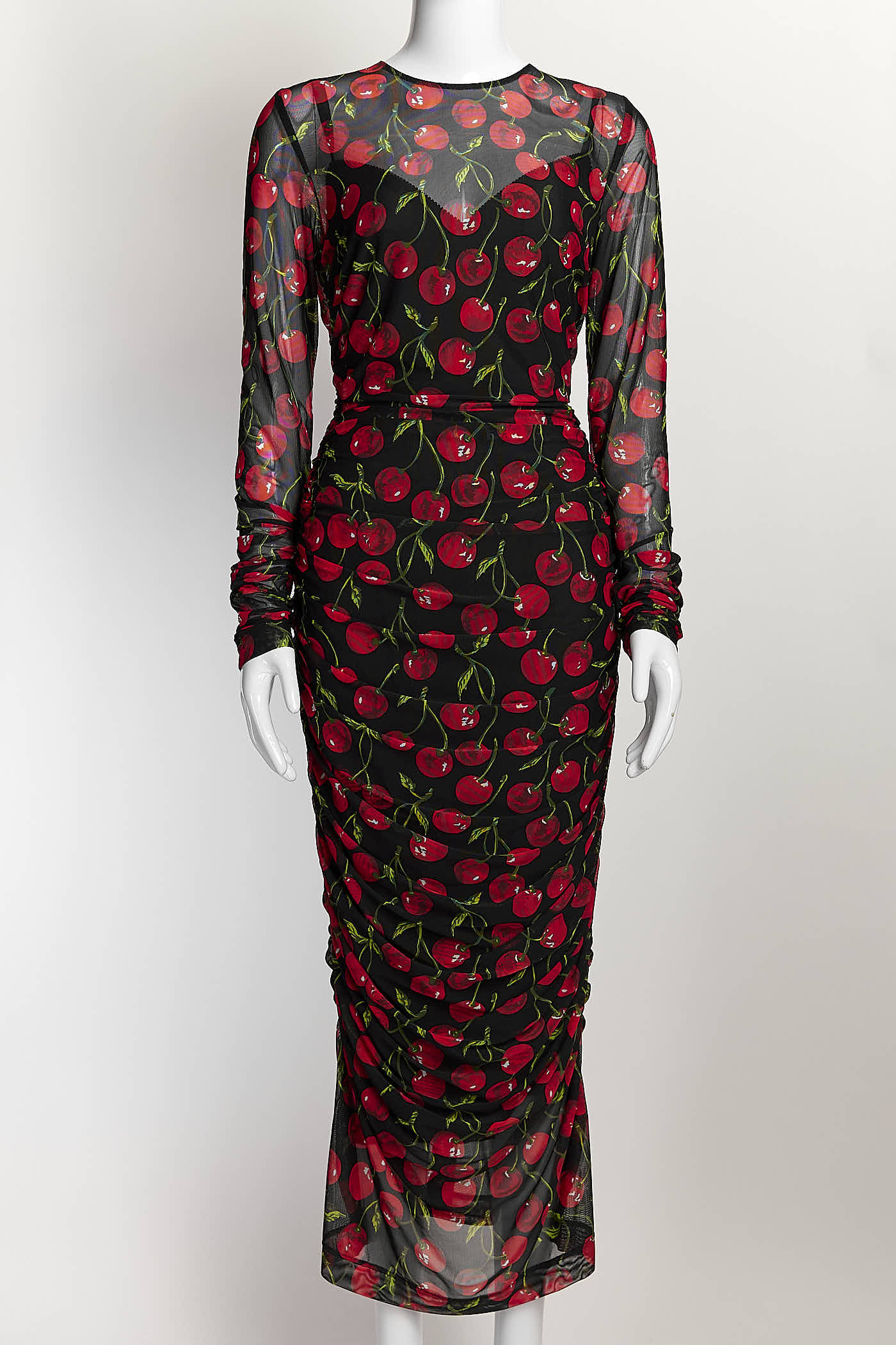Dolce & Gabbana Cherry Printed Ruched Tulle Dress 44